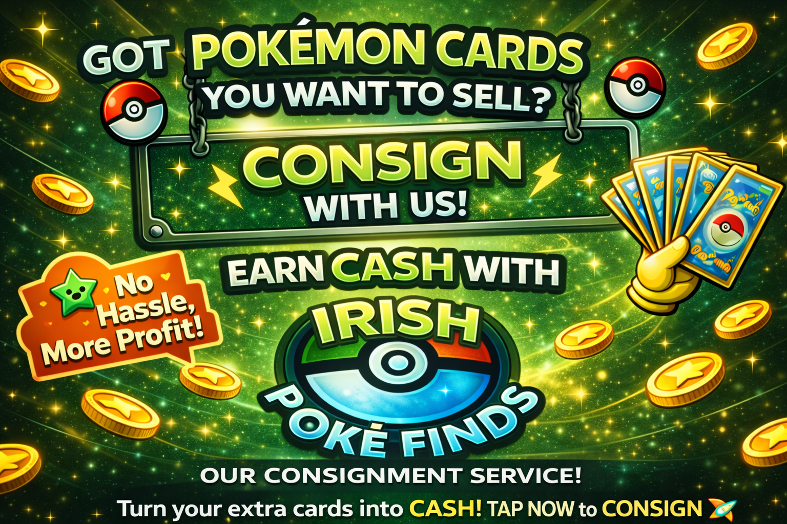 Promotional graphic for consigning Pokémon cards with Irish Poké Finds, featuring text and graphics on a dark green background.